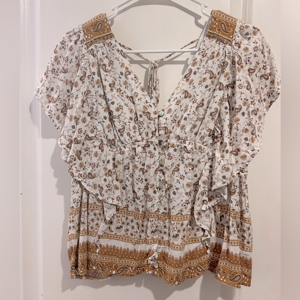 In Loom Boho Button Up Ruffled Short Sleeve Floral and Paisley Top